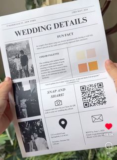 someone is holding up a wedding details brochure