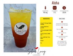 an orange and yellow drink in a glass with information about the ingredients for it, along with instructions on how to make it