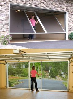 a woman standing in front of an open garage door, and another person looking out the window