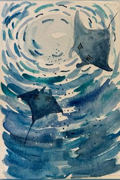 watercolor painting of two stingfishs in the ocean with blue and white colors