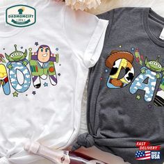 two tshirts with cartoon characters on them