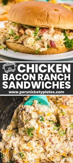 chicken bacon ranch sandwich on a plate and in a skillet with text overlay