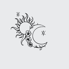 a drawing of the sun and moon with flowers