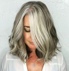 Shoulder Length Gray Wavy Bob Balayage Gray, Gray Balayage, Brown Ombre Hair, Thick Wavy Hair