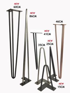 three metal poles with measurements for each pole and the number of them in different sizes