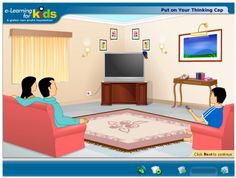 an animated image of two people sitting on couches in a living room watching tv