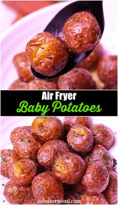 air fryer baby potatoes on a white plate with the words, air fryer baby potatoes