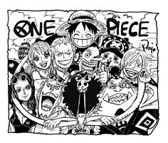 the one piece poster is drawn in black and white, with cartoon characters surrounding it