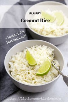 two bowls filled with coconut rice and lime slices