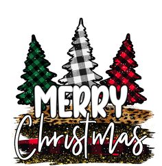 merry christmas trees with plaid and gold glitters on the bottom, against a white background