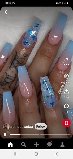 Acrylic Nails Ideas Blue And White, Nail Ideas Spring 2023 Blue, Lavender Ombre Acrylic Nails, Blue Glitter Butterfly Nails, Nails For The Month Of May, June Birthday Nail Ideas, Light Blue Nail Ideas Almond, Periwinkle Nails Designs Summer, Vacation Nails Coffin Beach