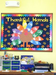 a bulletin board that says, thankful hands with a turkey and leaves on it