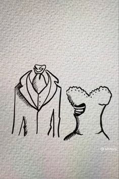 a drawing of a suit and tie next to a vase with a flower in it