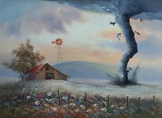 an oil painting of a barn and windmill in the distance with birds flying around it