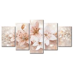 pink flowers on a white background with sparkles in the background, this wall art is ready