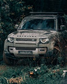 an old, dirty truck is parked in the woods