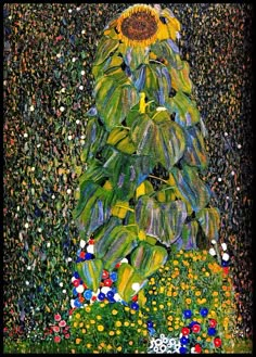 a painting of a sunflower in the middle of a field with other flowers and plants