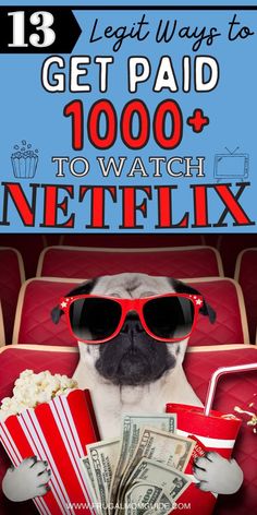 a pug dog wearing sunglasses and holding money while sitting in a movie theater seat