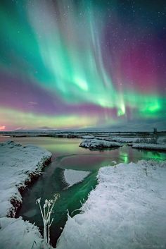 an aurora bore is seen above the snow covered ground in this photo, with bright green and