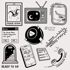 various black and white doodles with different things on them, including an old tv