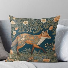 a fox and flowers on a blue background throw pillow