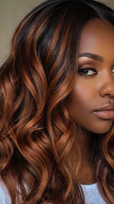 Rich Espresso Waves for Fall 🍂 Fall Hair Colors On Black Women, Dark Brown Hair Ginger Highlights, Auburn Highlights For Dark Brown Hair Black Women, Cinnamon Colored Hair, Fall Haircolor 2021 Black Women, Fall Hair For Black Women, Rich Copper Hair Color On Black Women, Fall Hair Colors African American Women, Fall Color Wigs Dark Skin