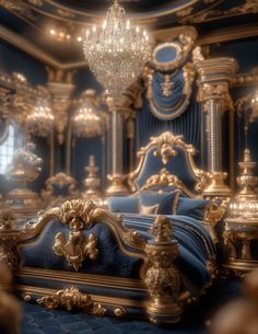 an ornately decorated bedroom with blue velvet and gold furniture, chandelier above the bed