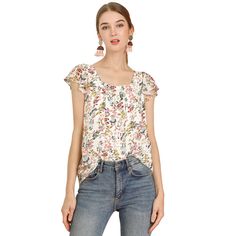 This floral top is sure to inject a floral flourish into your wardrobe. Made of a lightweight chiffon fabric for a soft fit, this top boasts a floral print throughout and a flattering and vintage-inspired square neckline. Wear it with jeans or a skirt for a chic style that will take you from day to evening. With summer floral and greenery details, this breezy flowy blouse features fluttery sleeves. Optimal for day or night, this floral-printed blouse features vintage details like a square neck a Feminine Chiffon Blouse For Spring, Flowy Chiffon Blouse With Floral Print, Fitted Casual Chiffon Top, Feminine Tops With Ditsy Floral Print, Casual Chiffon Blouse With Floral Print, Chic Chiffon Top With Floral Print, Casual Floral Print Chiffon Tops, Casual Chiffon Tops With Floral Print, Feminine Flowy Chiffon Tops