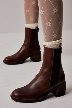 Essential Chelsea Boots | Free People Fall Boots No Heel, Brown Boots Low Heel, Chelsea Boots Fall, Chelsea Boots High Heel, High Chelsea Boots, Black Tights With Brown Boots, Women Leather Boots, Dark Boots, Ankle Bootie