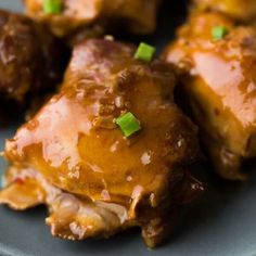 some meat with sauce and green onions on a plate