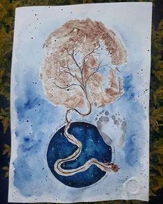 a drawing of a tree on top of a blue ball with a snake in it