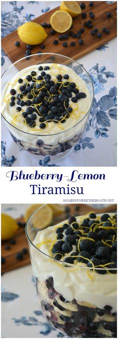 blueberry lemon trifle in a glass bowl