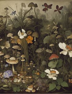 a painting of mushrooms and butterflies in a forest