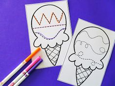 two ice cream coloring pages with markers and crayons on the bottom, one has an