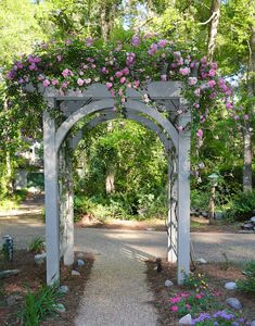 an arch covered in pink flowers and greenery