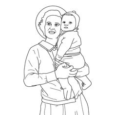 a black and white drawing of a woman holding a baby in her arms, with the child