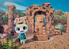 an animal crossing game character standing in front of a stone statue with a rabbit on it's head