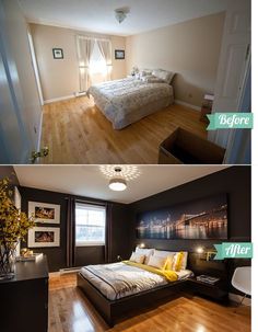 before and after pictures of a bedroom with wood floors