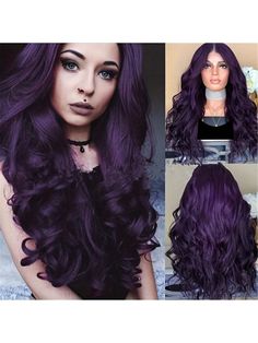 Purple  Collar  Protein Filament  No Bangs Wig Embellished   Wigs & Accs Pelo Color Borgoña, Loose Curly Hair, Dark Purple Hair, Purple Wig, Curly Hair Wig, Hair Color Purple, Beautiful Wigs, Wavy Curly Hair, Hair Replacement