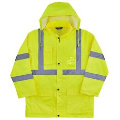 The GloWear 8366 lightweight Hi-Vis rain jacket is designed with waterproof materials (150D polyester oxford with a polyurethane (PU) coating) and fully taped seams for reliable protection in the face of stormy weather. This lightweight reflective rain jacket easily fits over workwear without sacrificing mobility. Fully taped seams are bonded to the jacket to keep water from sneaking in, while a vented cape-back allows heat and moisture to escape for added breathability. An attached drawstring hood can be stowed away when not needed. Reflective tape on chest and arms adds visibility at night or in low-light conditions. It's the perfect lightweight waterproof work jacket for those working in road construction, utilities, construction, emergency response, airline, railway or survey crews. Fo Road Construction, Stormy Weather, Rain Pants, Reflective Tape, Rain Gear, Types Of Jackets, Work Jacket, Emergency Response, Work Jackets