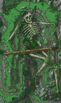 an aerial view of a skeleton in the middle of a green field with trees and bushes