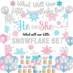 a snowflake birthday party with balloons and confetti on the table, which says he or she what will our little snowflake be?