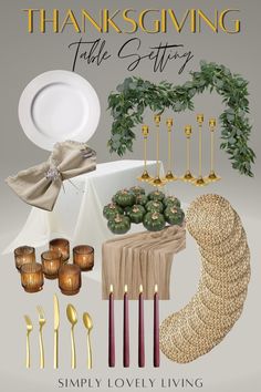 the thanksgiving table setting is shown with candles, plates and napkins in gold foil