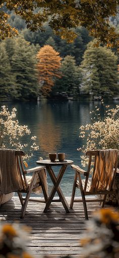 two chairs and a table sitting on a wooden deck overlooking a body of water with trees in the background