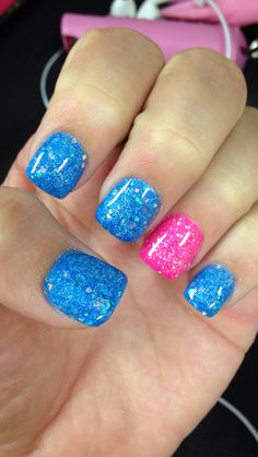 Neon Pink And Glitter Nails, Gel Acrylic Nails Square, Easter Dipped Nails, Blue Dipped Nails Ideas, Pink And Blue Acrylics, Easter Nails Acrylic Square, Blue And Pink Gel Nails, Neon Pink And Blue Nails, Dark Blue And Pink Nails