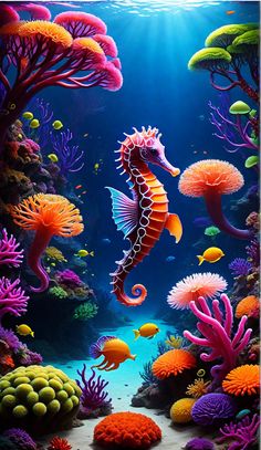 an underwater scene with seahorses and corals