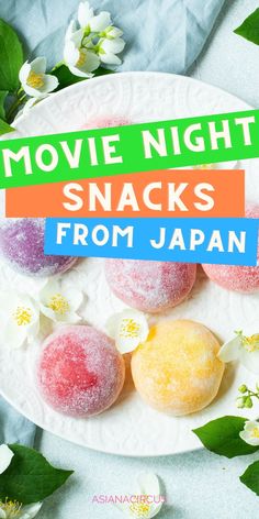 some food on a white plate with green and orange text reading movie night snacks from japan