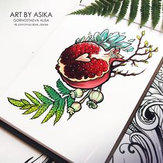 a drawing of a pomegranate with leaves and berries on it's side