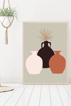 three vases sitting on top of a white floor next to a plant