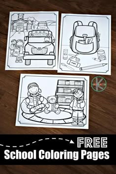 three coloring pages with the words school coloring pages in english and chinese, on top of a